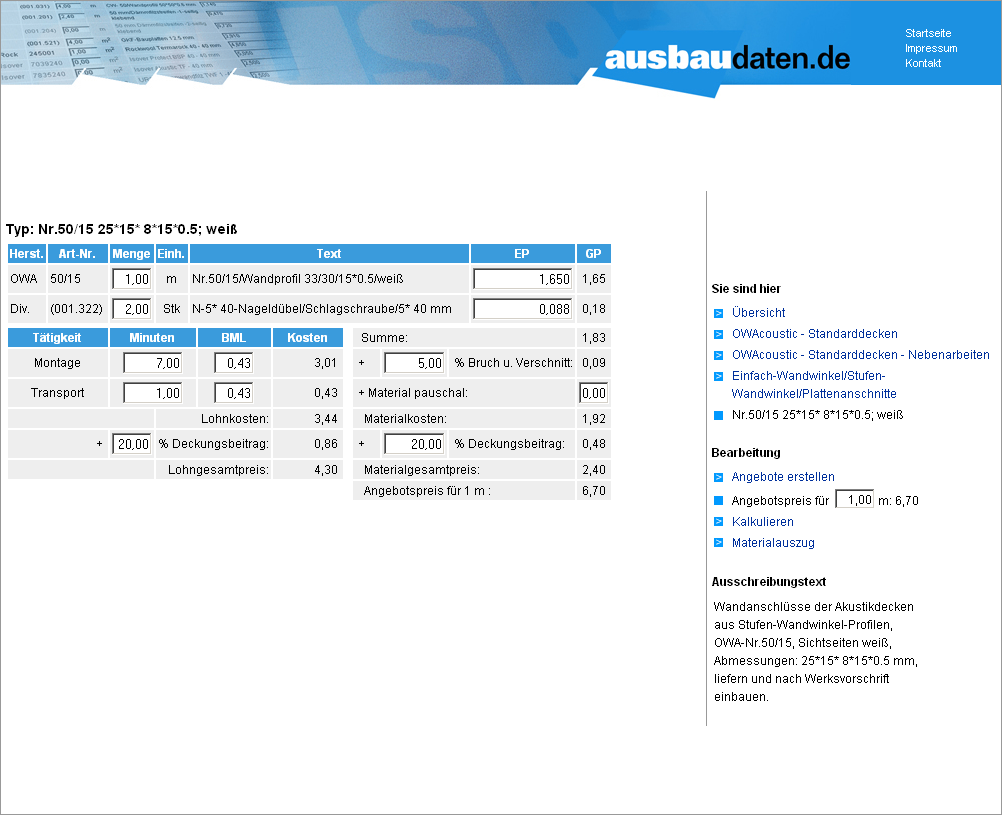 Musterkalkulation OWAcoustic Wandanschluss